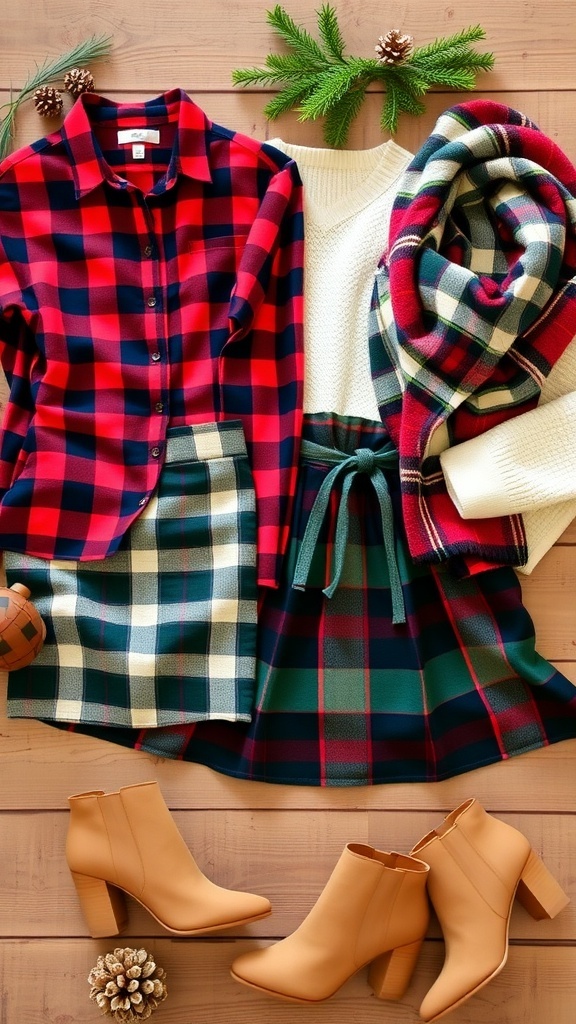 Flat lay of plaid clothing items for Christmas outfits, including flannel shirt, skirt, sweater, and accessories on a rustic table.